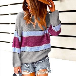 [3Packs] Gray Striped Boat Neck Sweater